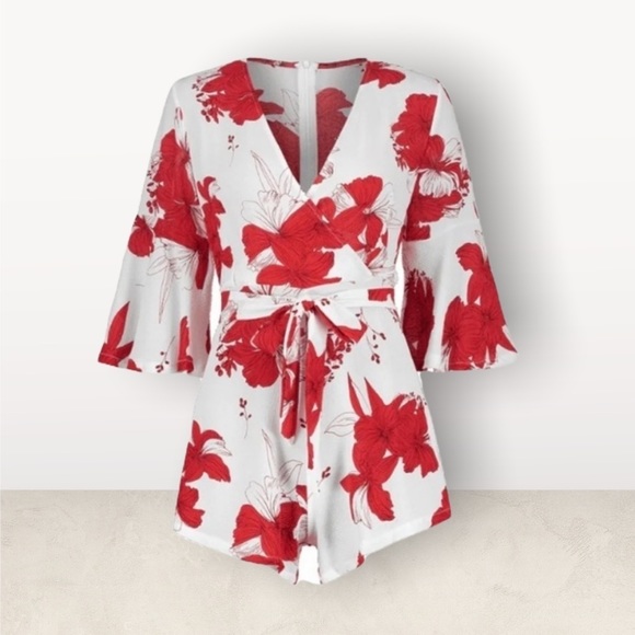 Pants - Floral Print Belted Wide Leg Romper S